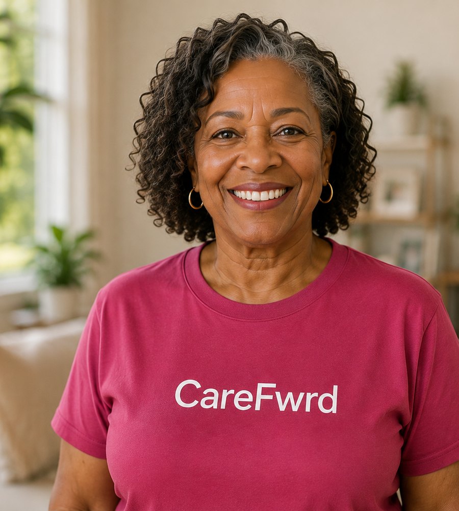 A smiling CareCircle member in her CareFwrd shirt