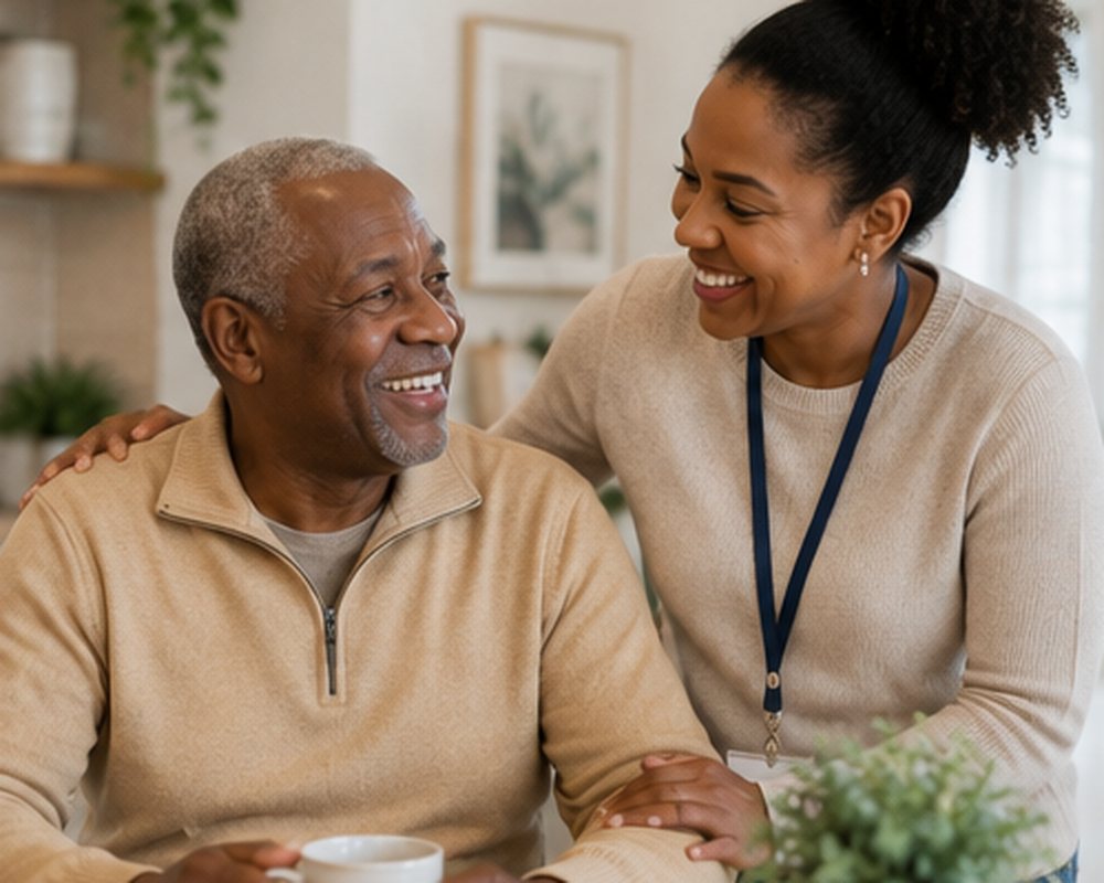 A CareFwrd Service Coordinator sharing a warm moment with a client