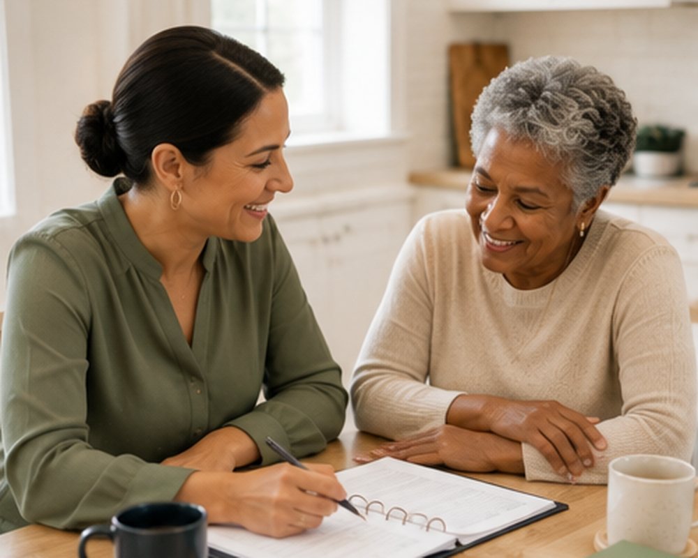 A CareFwrd Service Coordinator reviewing a plan with a client at home
